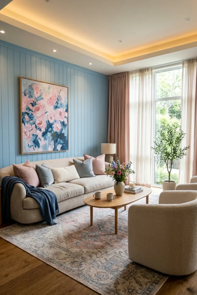 Blush Pink and Sky Blue Living Room Ideas