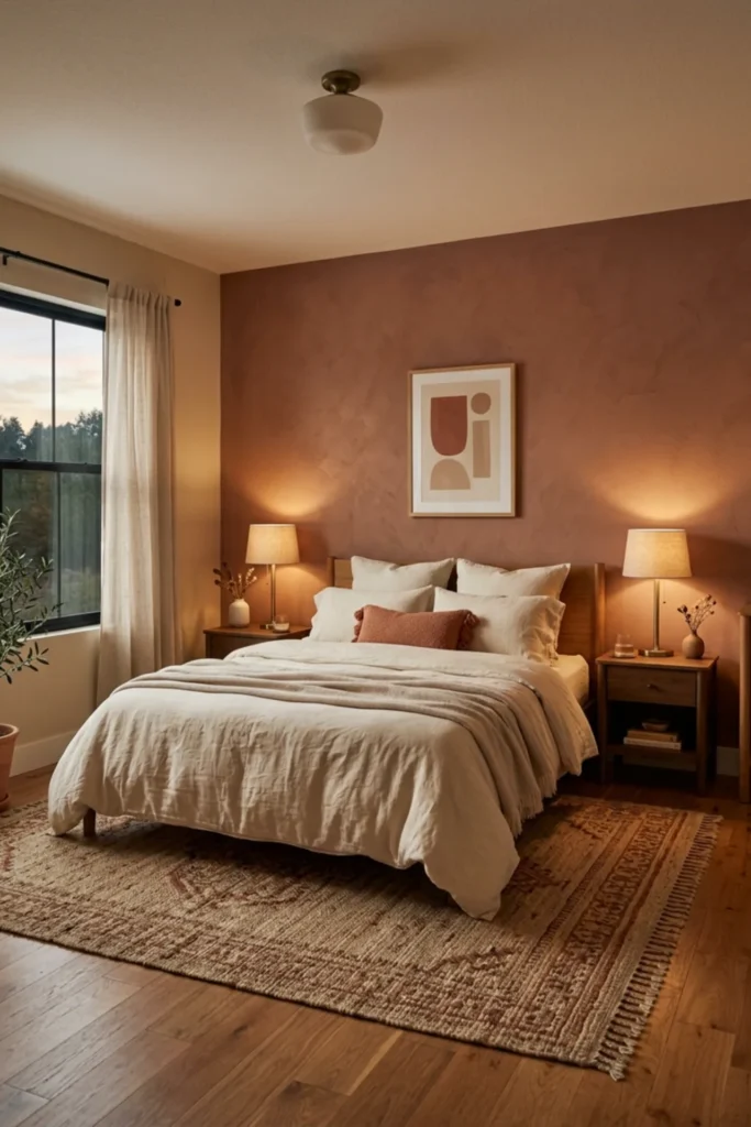 Terracotta bedroom warmed by brass bedside lamps