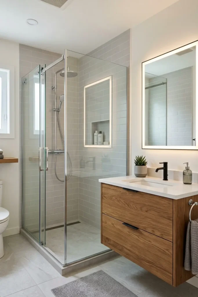 Grey Bathroom Ideas with LED Mirror