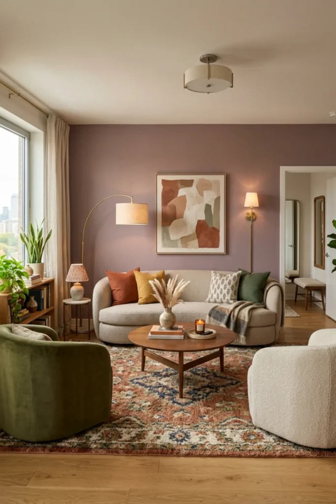 Apartment living room with a soft colorful accent wall