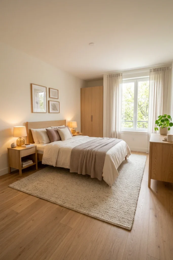 Small apartment bedroom with one curved romantic accent chair