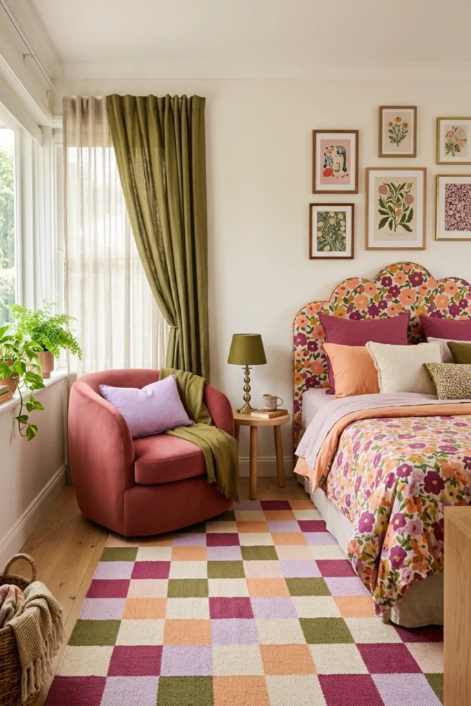Funky bedroom with one curved colorful accent chair