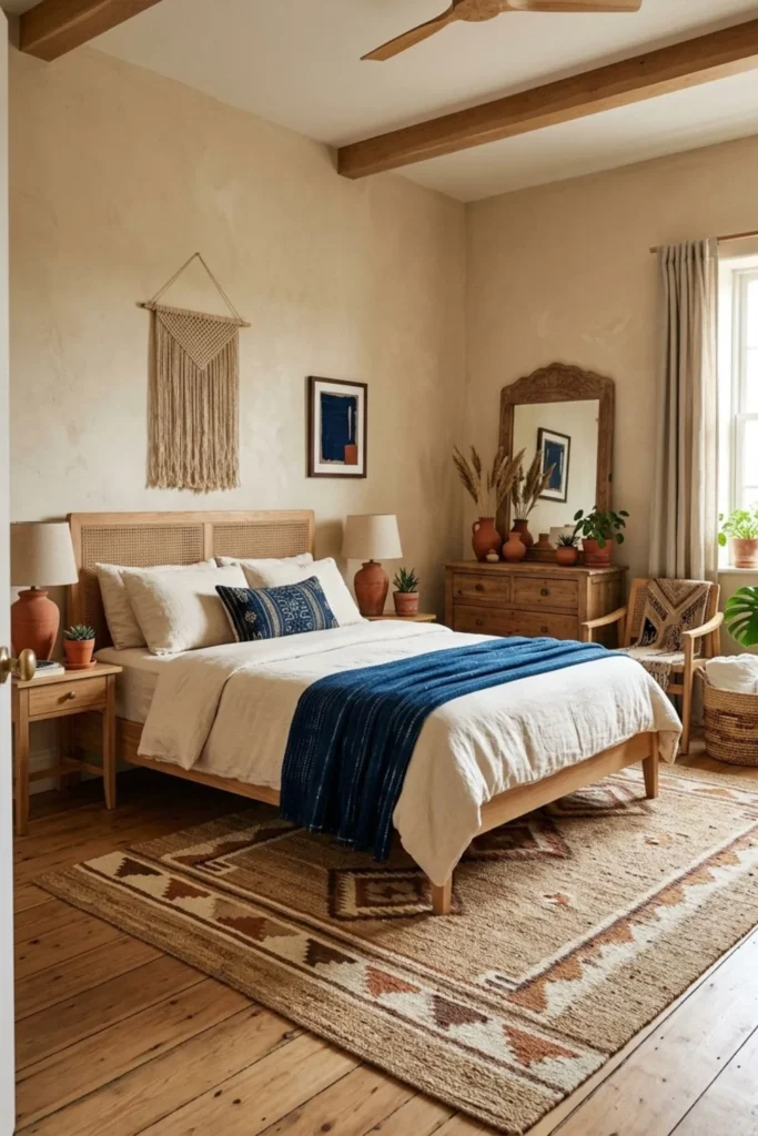 Warm Afrohemian bedroom with a deep indigo accent and natural wood