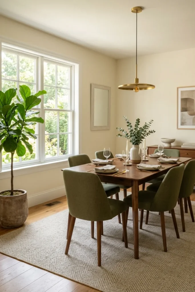 Modern olive dining room with one restrained indoor plant