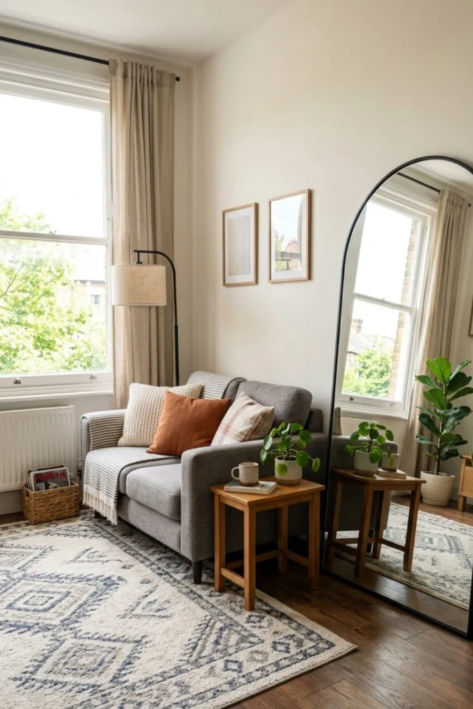 Small rental apartment with a large mirror reflecting natural light