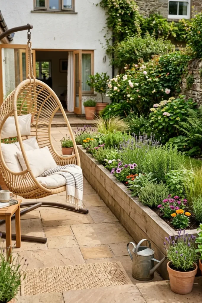 Patio hanging chair beside a narrow raised garden planter