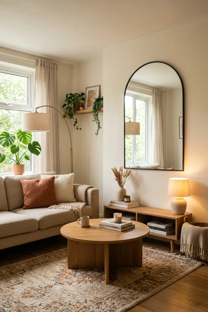 Small rental apartment with a large mirror reflecting natural light