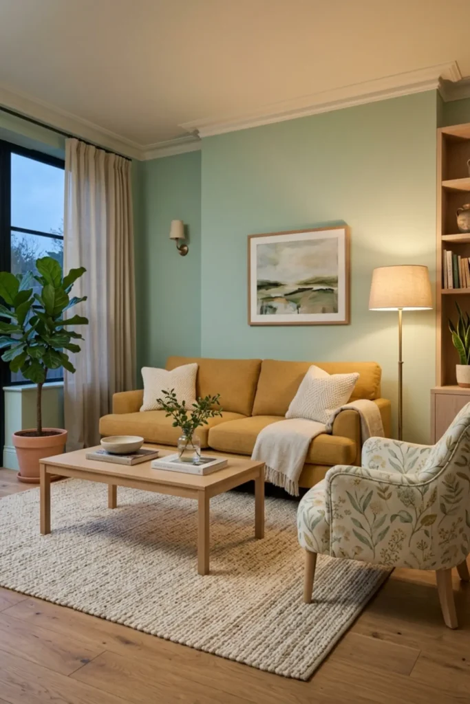 Yellow and mint living room with one patterned accent chair
