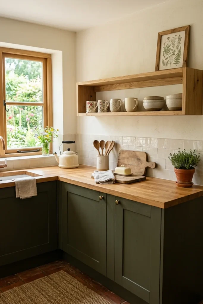 Small dark cottage kitchen with one useful open shelf