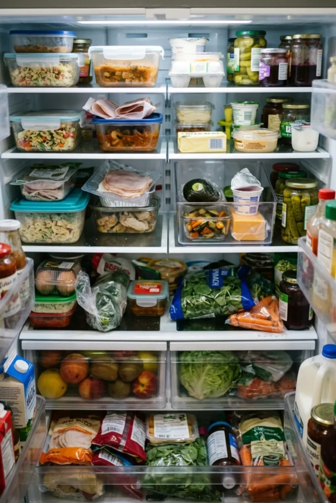 Refrigerator organized with a small use-first food bin