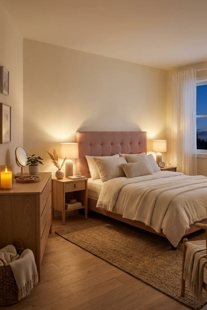 Romantic small bedroom with soft candle-like evening glow