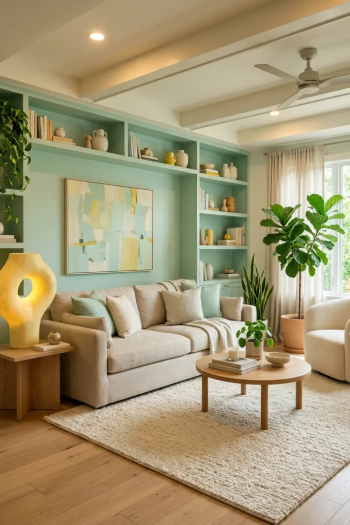 Mint living room with a soft yellow statement lamp
