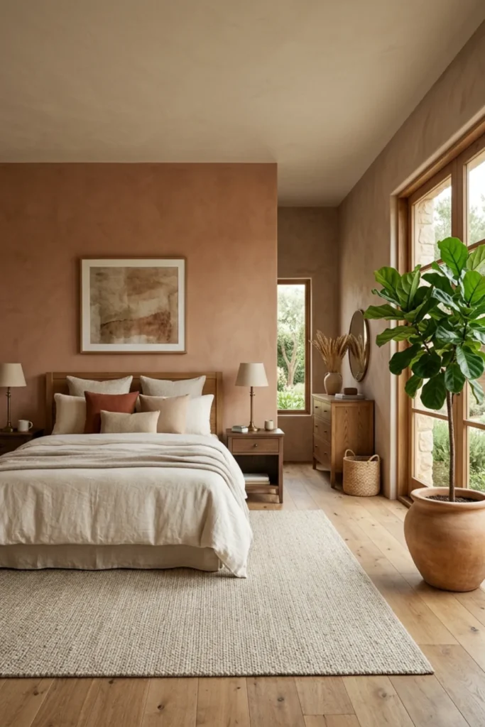 Terracotta bedroom with one tall green plant for contrast