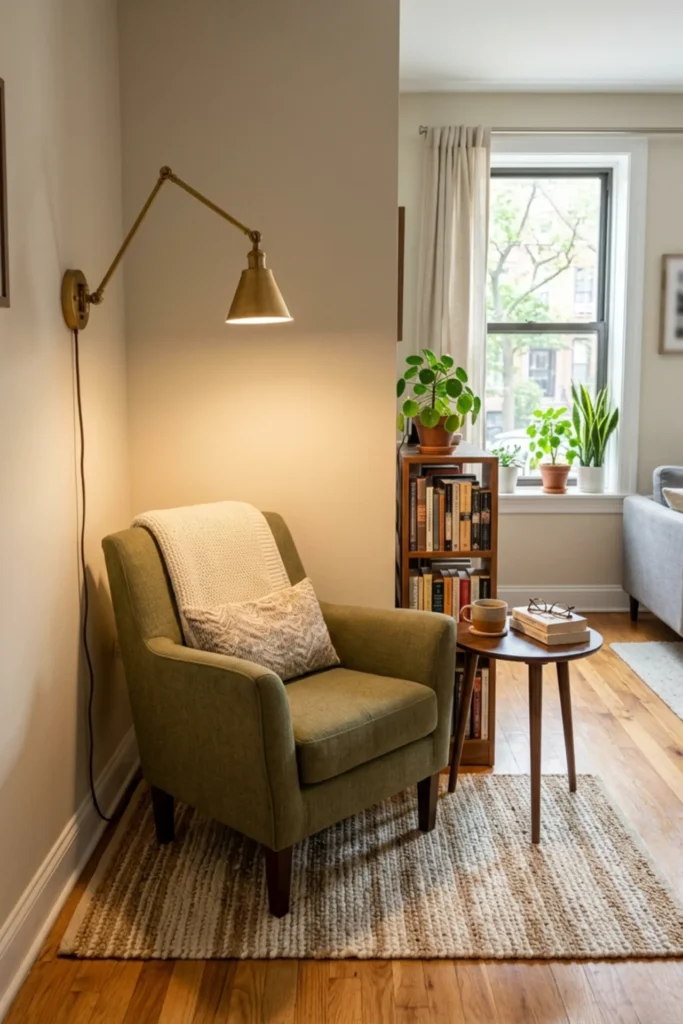 Small reading nook with a wall-mounted reading light