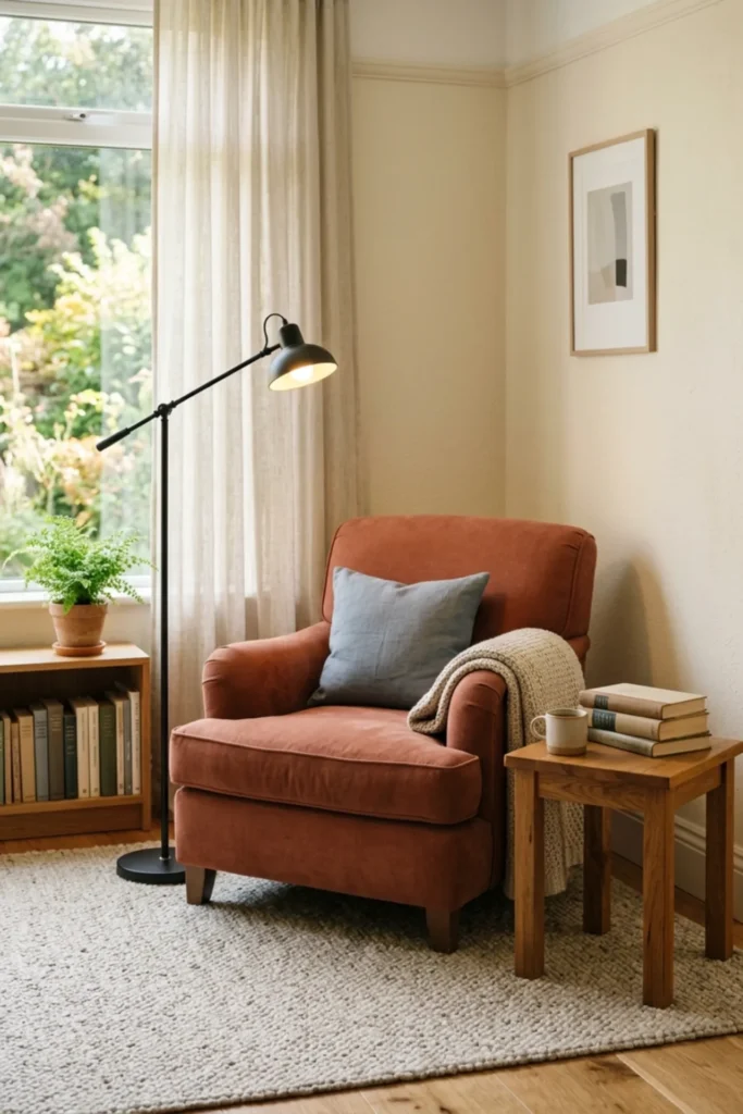 Small reading nook with a muted terracotta chair and calm neutral decor