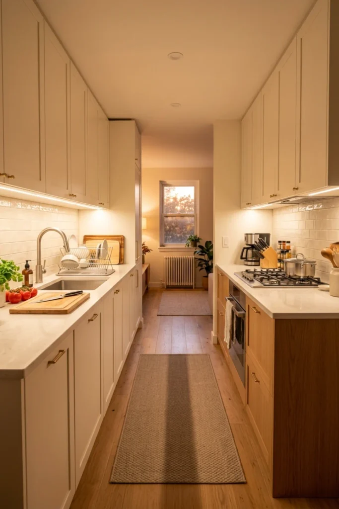 Narrow galley kitchen brightened by under-cabinet task lighting