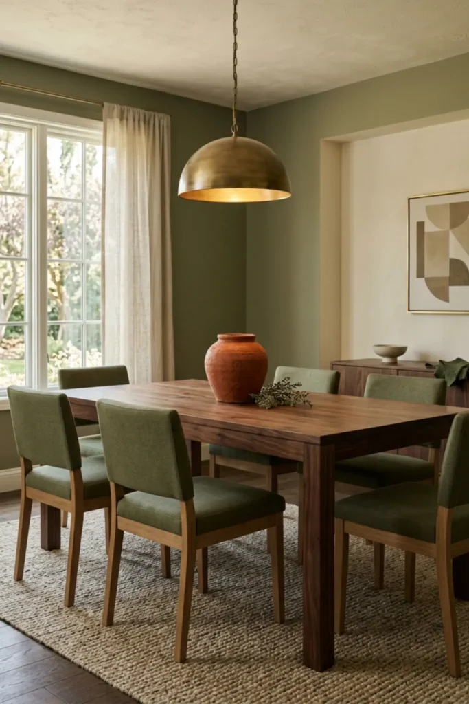 Olive dining room with a restrained terracotta accent