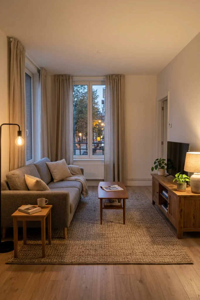 Rental living room upgraded with a floor lamp and table lamp