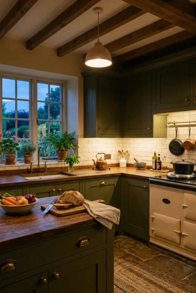 Dark cottagecore kitchen with warm under-cabinet task lighting