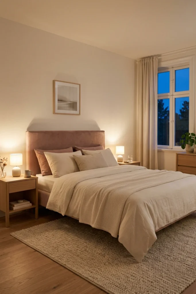 Romantic small bedroom with warm bedside lighting