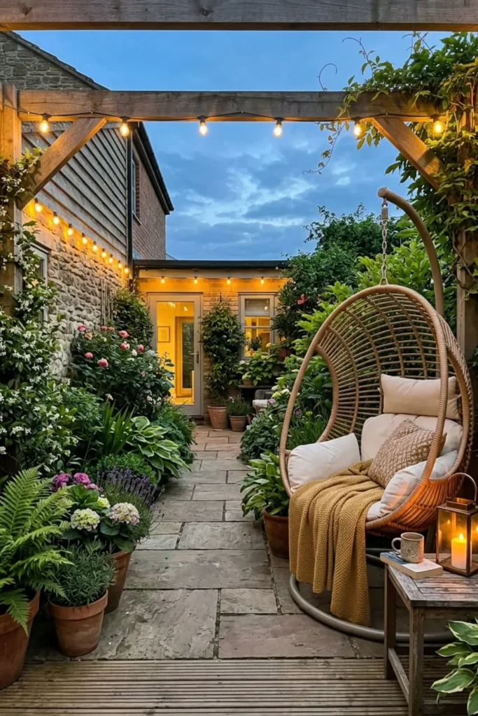 Patio garden with hanging chair and warm string lights at dusk