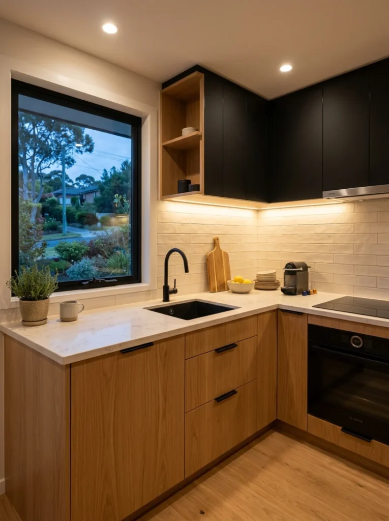 White oak and black kitchen with warm under-cabinet lighting