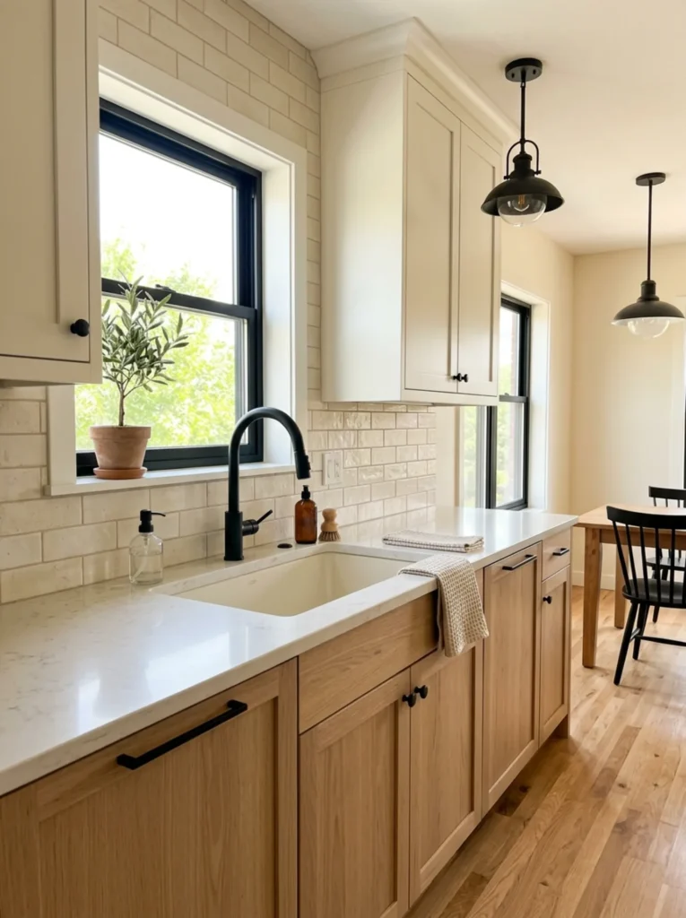 White oak and black kitchen with a matte black faucet