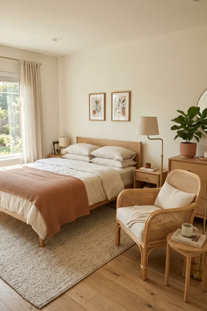 Terracotta bedroom with one natural cane reading chair