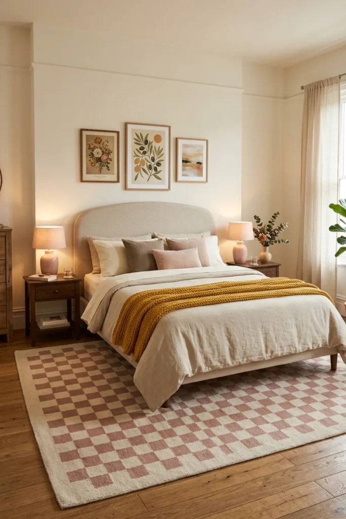 Funky bedroom with a muted checkerboard rug