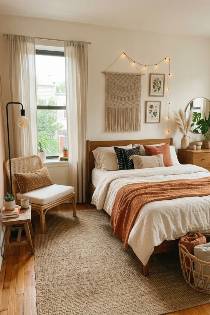 Small Afrohemian bedroom with a compact rattan reading chair