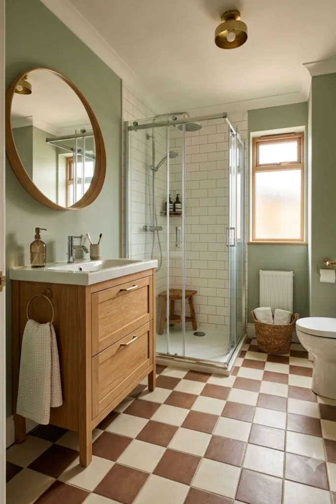 Retro bathroom with a cream and brown checker floor