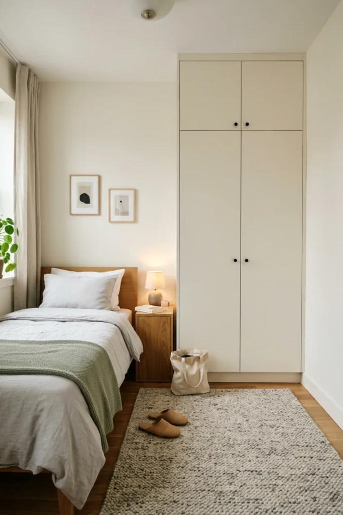 Small apartment bedroom with a floor-to-ceiling built-in-look wardrobe