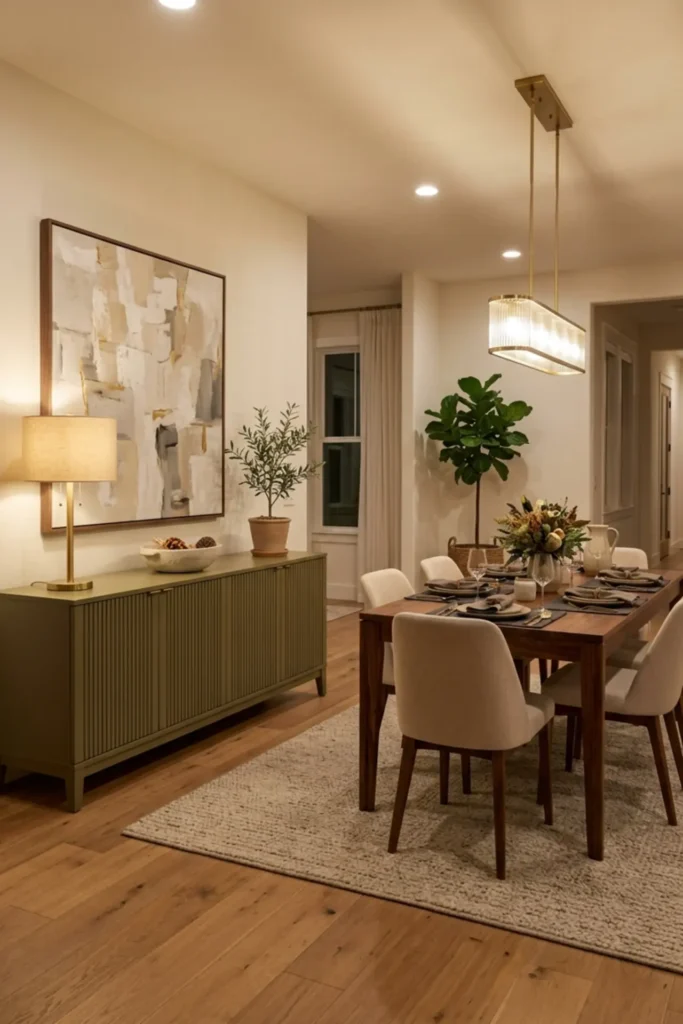 Modern dining room with an olive green fluted sideboard