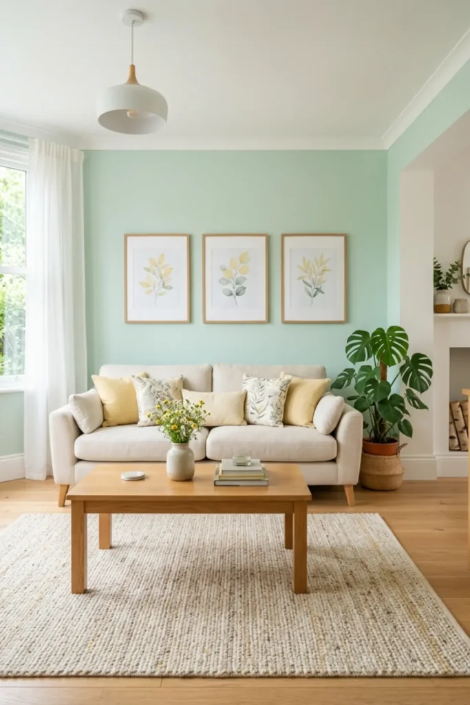 Mint living room with yellow botanical wall art and cozy furniture