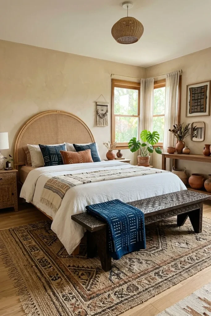 Afrohemian bedroom with a low carved wood bench at the foot of the bed