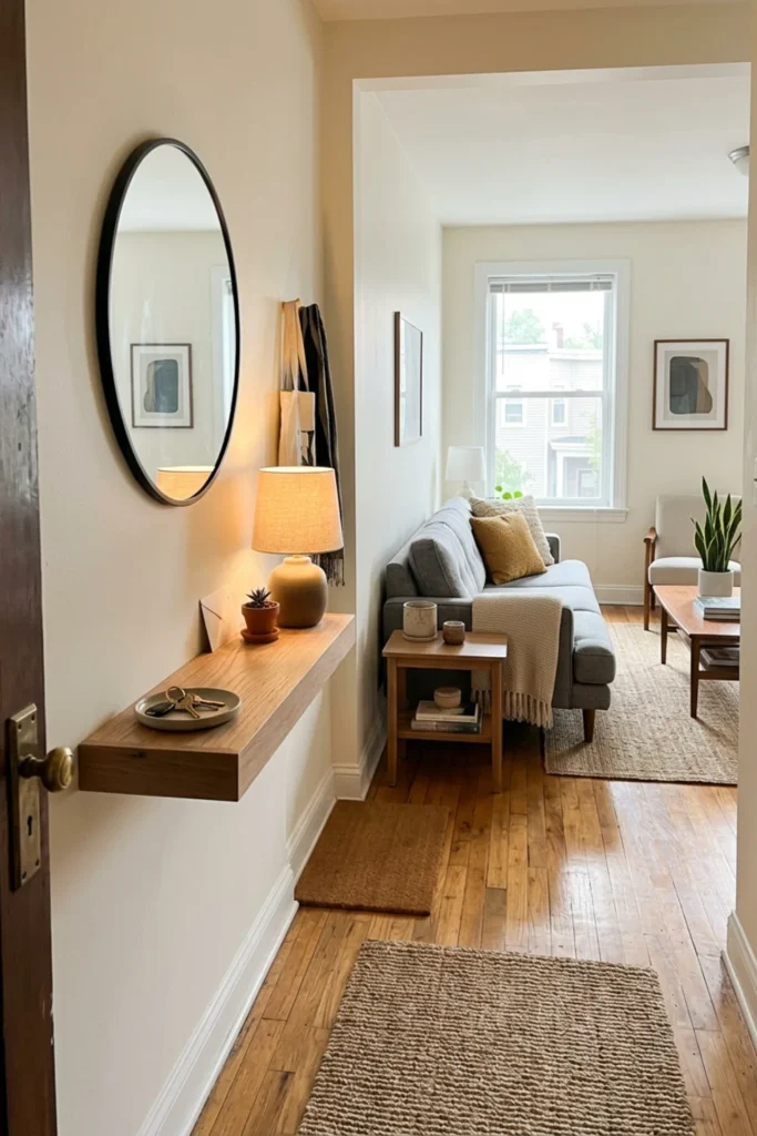Small apartment entry with a narrow console and clear walkway