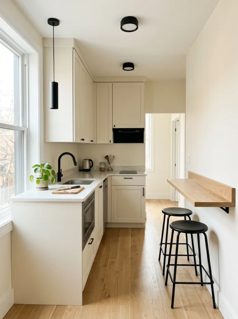 Small white oak kitchen with a narrow breakfast ledge and black stools