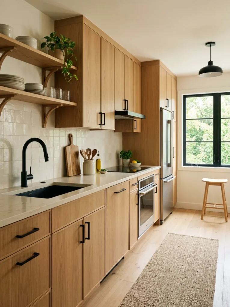 White oak and black kitchen with a pale quartz worktop