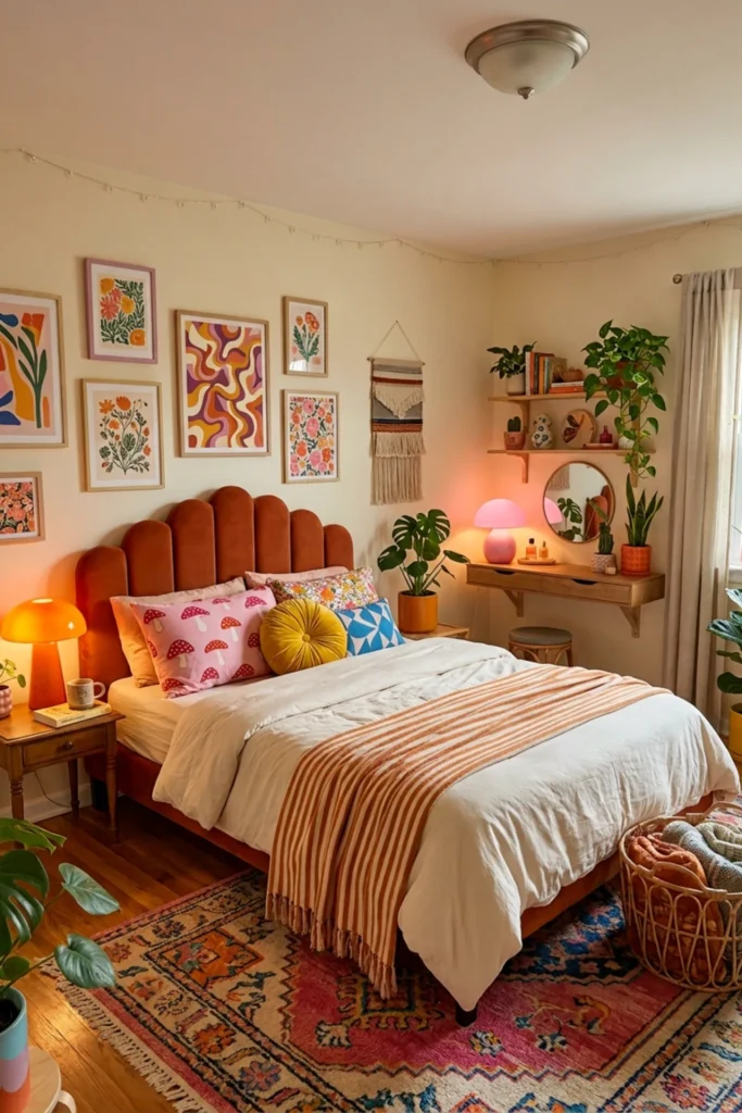 Colorful bedroom with a retro mushroom bedside lamp