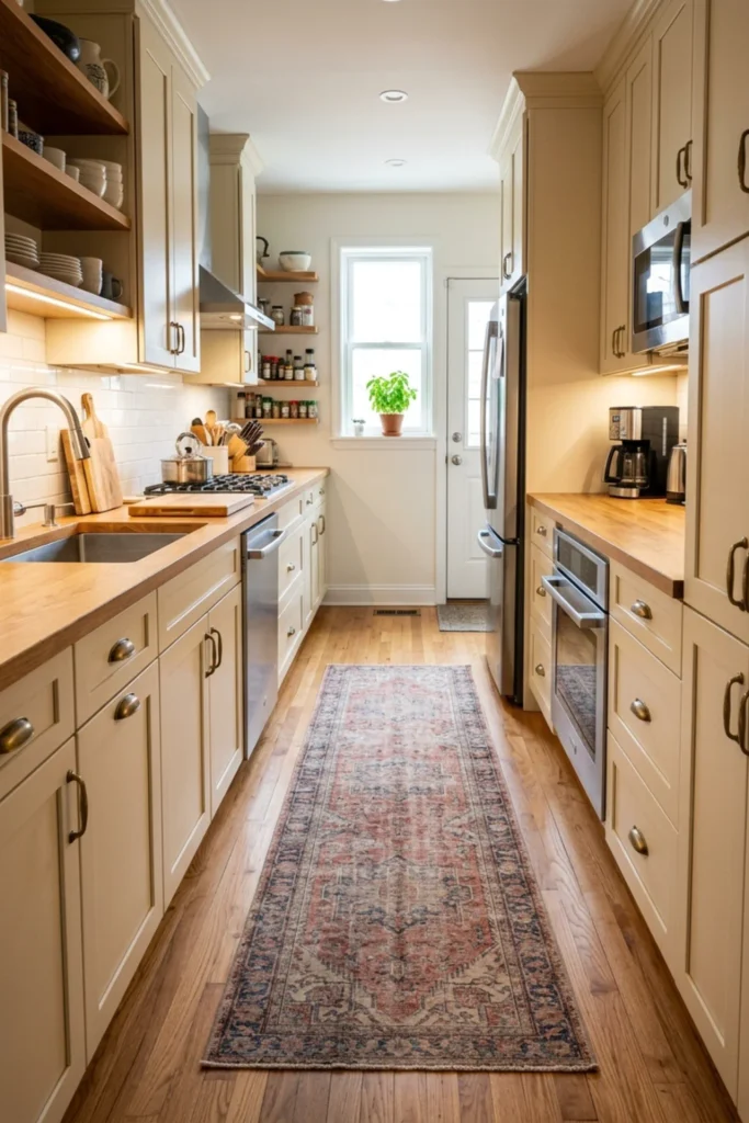 Small galley kitchen with a long low-pile runner rug