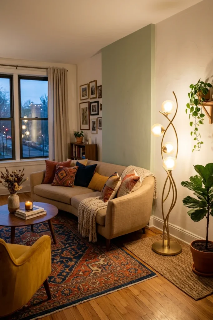 Apartment living room with a sculptural floor lamp in the corner