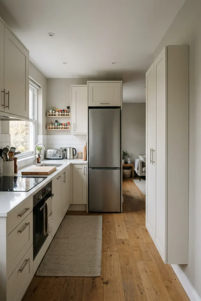 Small apartment kitchen with a shallow hidden pantry cabinet