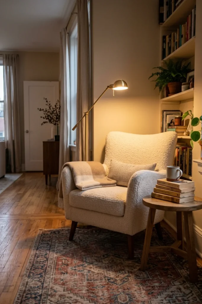 Small reading nook with a slim floor reading lamp