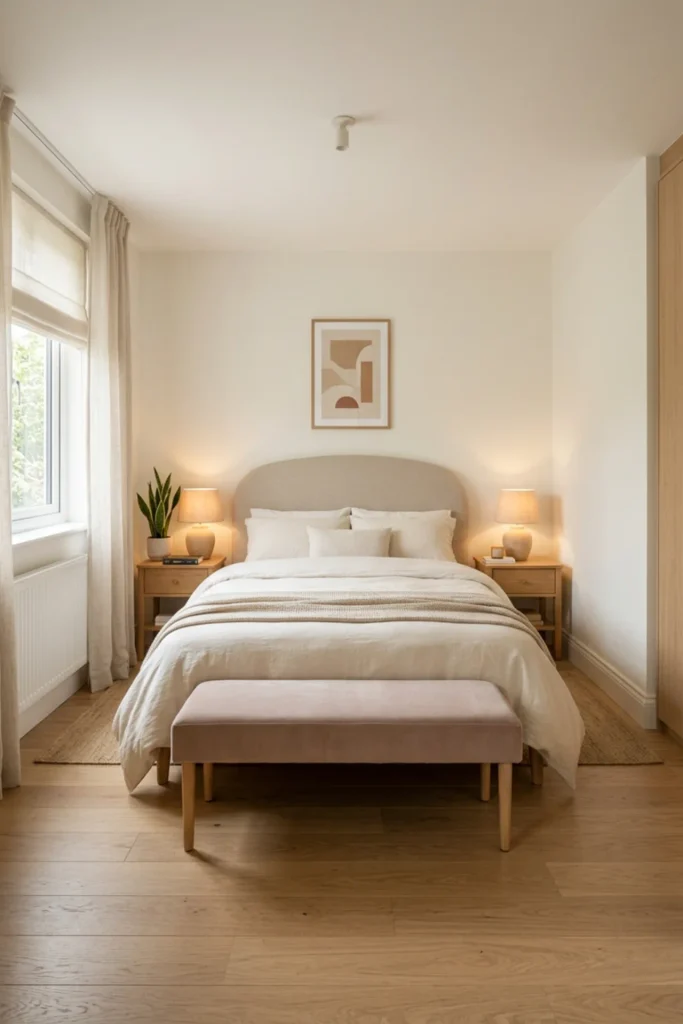 Romantic minimalist bedroom with a slim bench at the foot of the bed