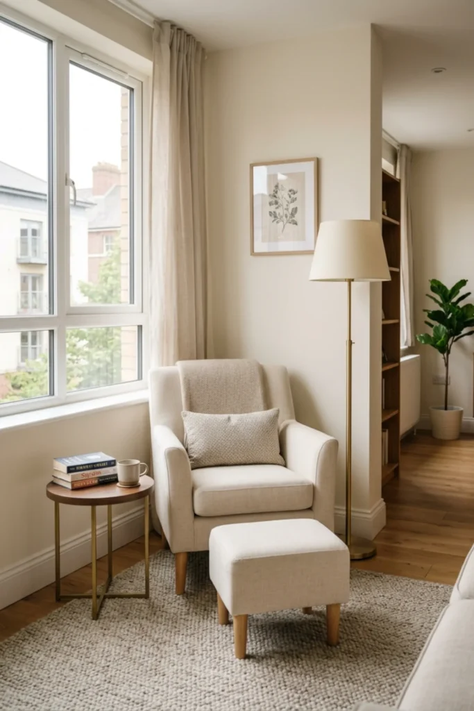 Small reading nook with a compact chair and footstool