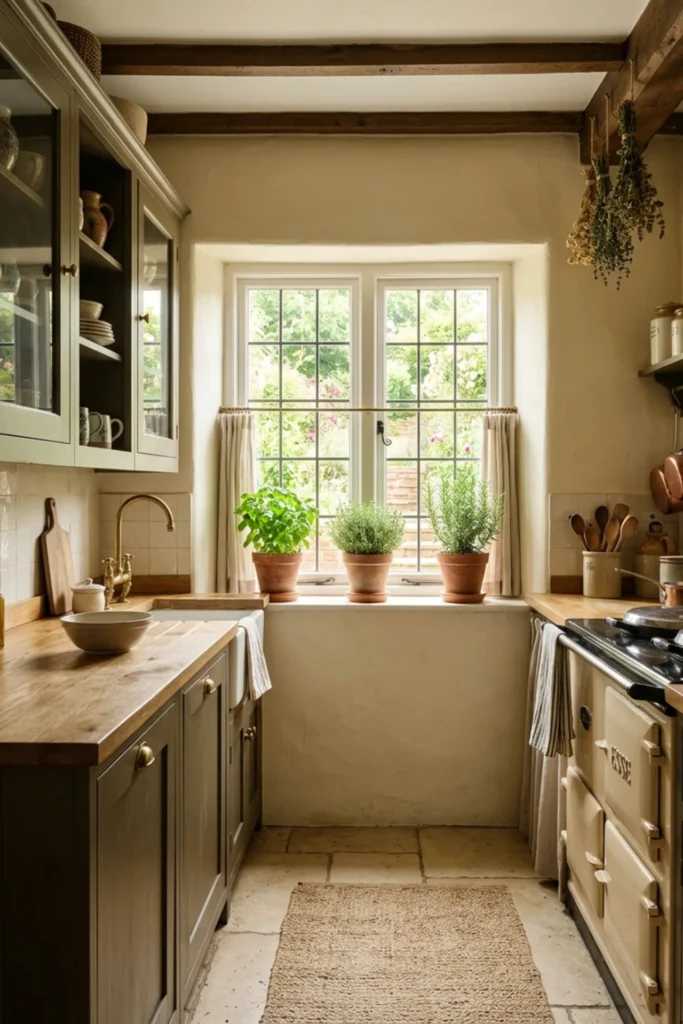 Small cottagecore kitchen with a bright herb ledge near the window