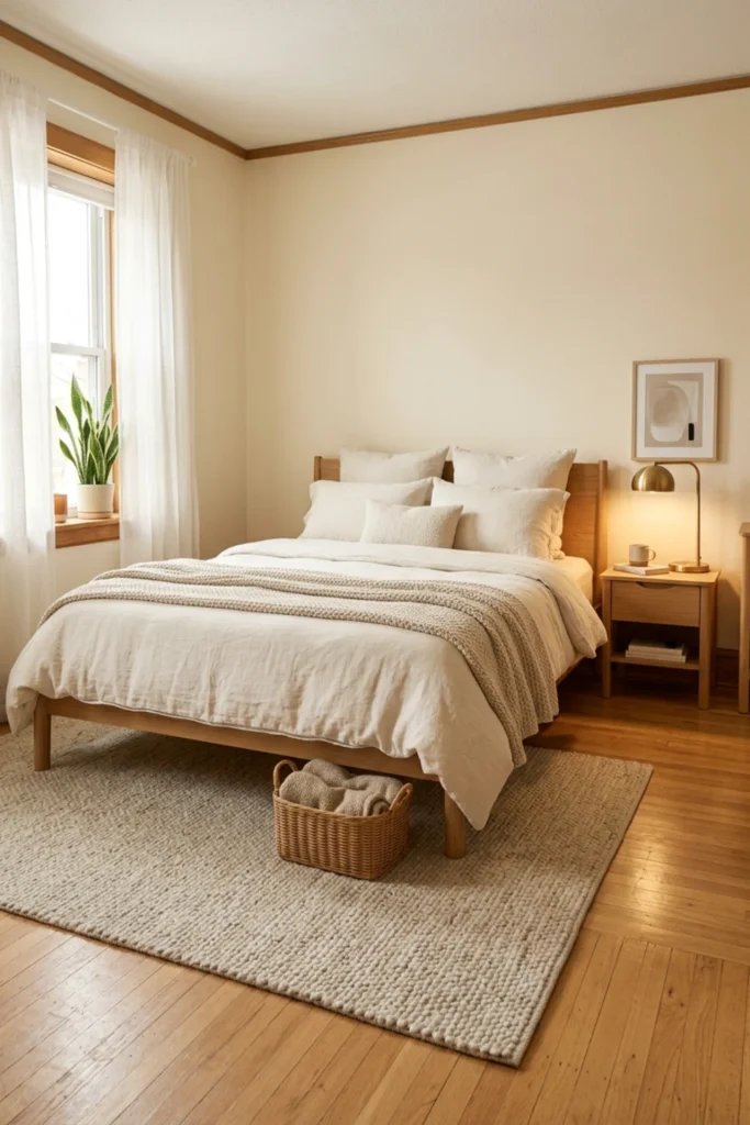 Small romantic bedroom grounded by a soft oatmeal rug
