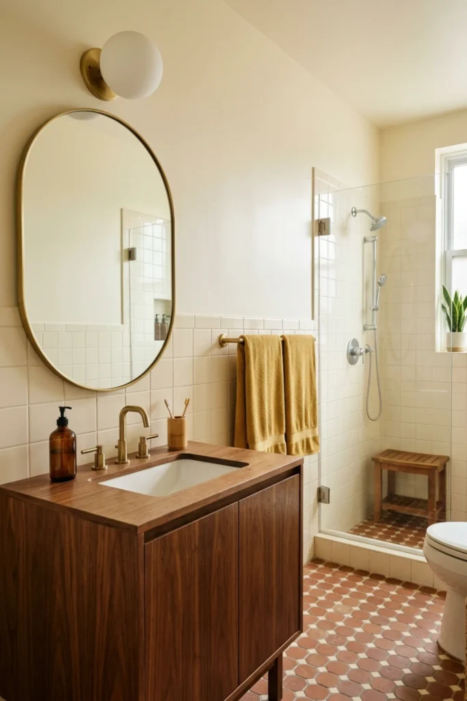 Apartment bathroom using colorful towels as a retro accent