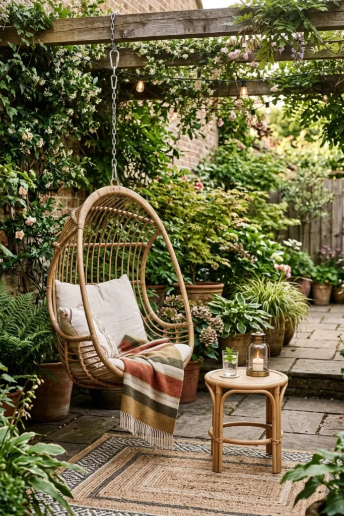 Hanging chair patio with a small side table placed outside the swing zone
