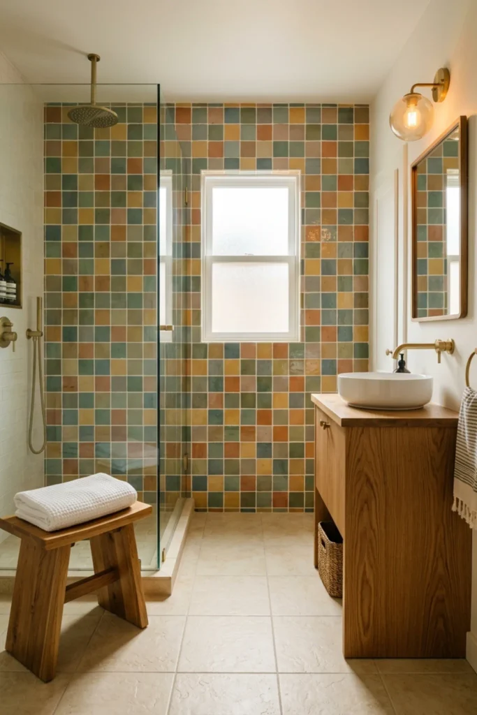 Retro apartment bathroom with a small warm wood stool